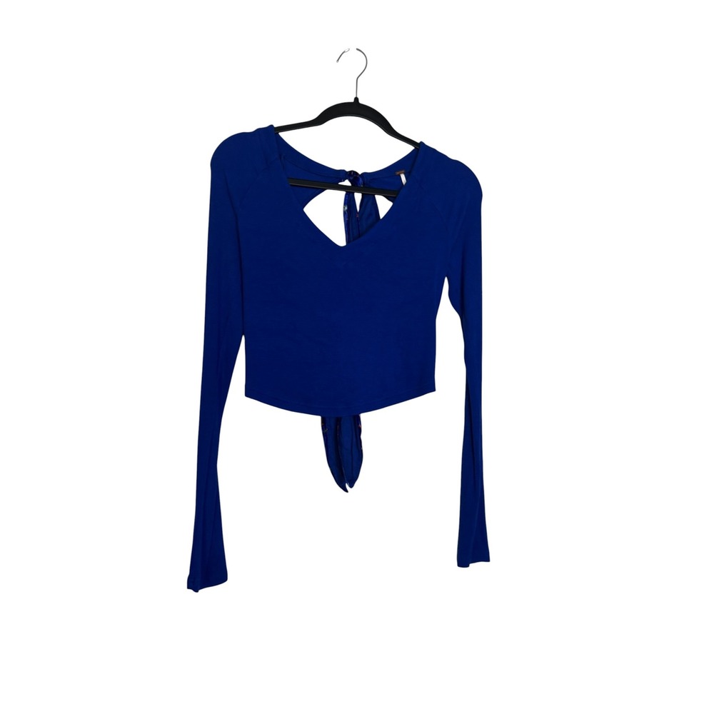Free People Royal Blue Ribbed Open Back Velvet Tie Crop Top Size M coquette